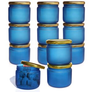 Pure Source India Colored Glass Container With Airtight And Rust Resistance Metal Lid, 150 Gm, Set of 12 Jar - Blue