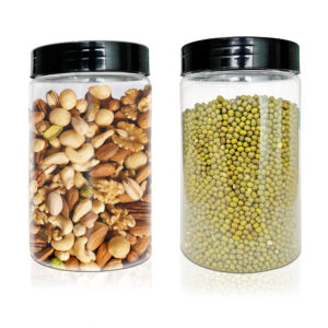 Pure Source India Plastic PET Jar with Lid – BPA-Free, Leak-Proof for Pulses, Pasta, Dry Fruit Storage| Food Grade Jar (800ml) (BLACK CAP, 2 PCS)