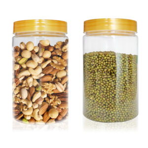 Pure Source India Plastic PET Jar with Lid – BPA-Free, Leak-Proof for Pulses, Pasta, Dry Fruit Storage| Food Grade Jar (800ml) (GOLD CAP, 2 PCS)