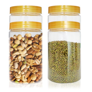 Pure Source India Plastic PET Jar with Lid – BPA-Free, Leak-Proof for Pulses, Pasta, Dry Fruit Storage| Food Grade Jar (800ml) (GOLD CAP, 4 PCS)