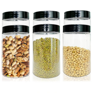 Pure Source India Plastic PET Jar with Lid – BPA-Free, Leak-Proof for Pulses, Pasta, Dry Fruit Storage| Food Grade Jar (800ml) (BLACK CAP, 6 PCS)