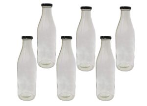 Pure Source India Milk, Water And Juice Glass Bottle With Air Tight Cap Black Color - 1000 Ml (Set Of 6) (Transparent)