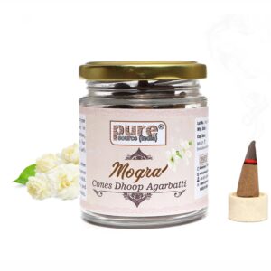 Pure Source India Pack of 50 Natural Dhoop Cones with 50gm Glass Jar| Organic Cones | Dhoop Cones for Pooja (Fragrance-Mogra)