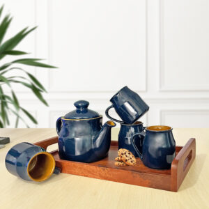 Pure Source India Ceramic Tea Cup Set with Kettle & Serving Tray 4 Cups (200ml), 1 Kettle(700ml), 1 Tray (6 Piece Set) Ideal for Gifting's and Daily Use (Navy Blue)