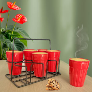 Pure Source India Ceramic Matte Finish Cutting Chai Tea Glasses with Iron Holder (120ml) (Red)