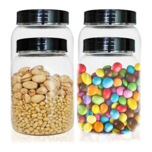 Pure Source India Round Plastic PET Jar with Lid – BPA-Free, Leak-Proof for Pulses, Pasta, Dry Fruit Storage| Food Grade Jar (1100ml) (BLACK, 4 PCS)