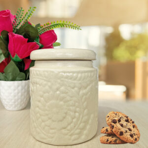 Pure Source India Ceramic Handmade Pickle Jars | Handpainted Floral embossed Pattern for Kitchen Storage | Jars for Achar, Spices, Salt (1200ml, White)