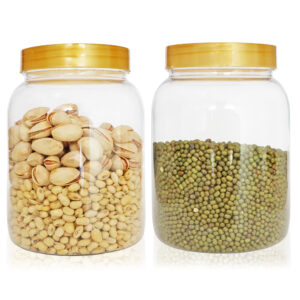 Pure Source India Round Plastic PET Jar with Lid – BPA-Free, Leak-Proof for Pulses, Pasta, Dry Fruit Storage| Food Grade Jar (1100ml) (GOLD, 2 PCS)