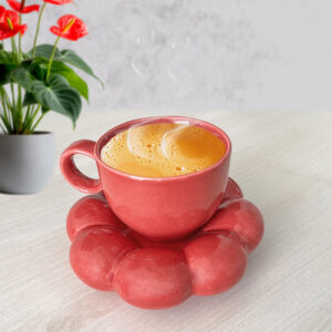 Pure Source India Cloud-Shaped Ceramic Tea Cup and Saucer Set, Decorative Design, Sunflower Coffee Mug and Saucer (Red)