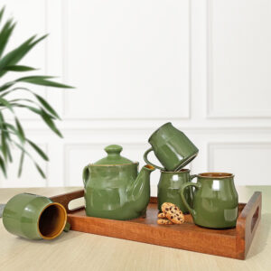 Pure Source India Ceramic Tea Cup Set with Kettle & Serving Tray 4 Cups (200ml), 1 Kettle(700ml), 1 Tray (6 Piece Set) Ideal for Giftings and Daily Use (Olive Green)