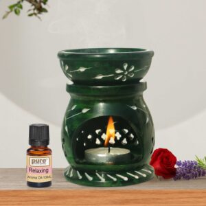 Pure Source India Handcrafted Leaf Design Soapstone Aroma Burner Oil Diffuser with 10ML Relaxing Oil & 2 Tea Light Candle (Green)