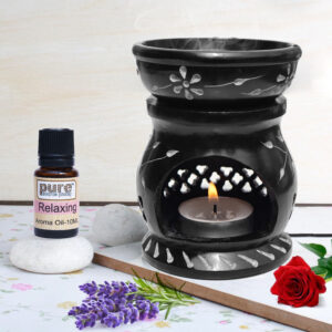 Pure Source India Handcrafted Leaf Design Soapstone Aroma Burner Oil Diffuser with 10ML Relaxing Oil & 2 Tea Light Candle (Black)