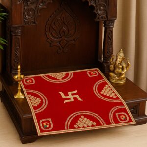 Pure Source India Velvet Chowki Aasan for Temple, Navratari Puja & Home Mandir | Religious Mat for God Idol (Red Swastik)
