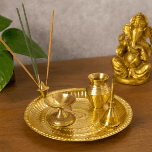 Pure Source India Brass Pooja Thali Set with Kalash, Diya Stand & Incense Holder Ideal for Diwali, Navratri, Karva Chauth, Raksha Bandhan, Ganesh Chaturthi, and Durga Puja.