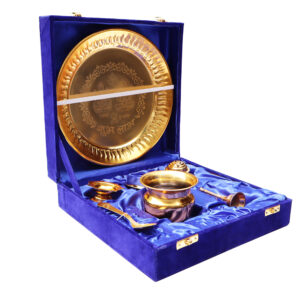 Pure Source India Gold Plated Laxmi Ganesh Pooja Thali Set with Velvet Box for Diwali/Pooja Room/Diwali Gifting |Return Gift (8.6 Inch)